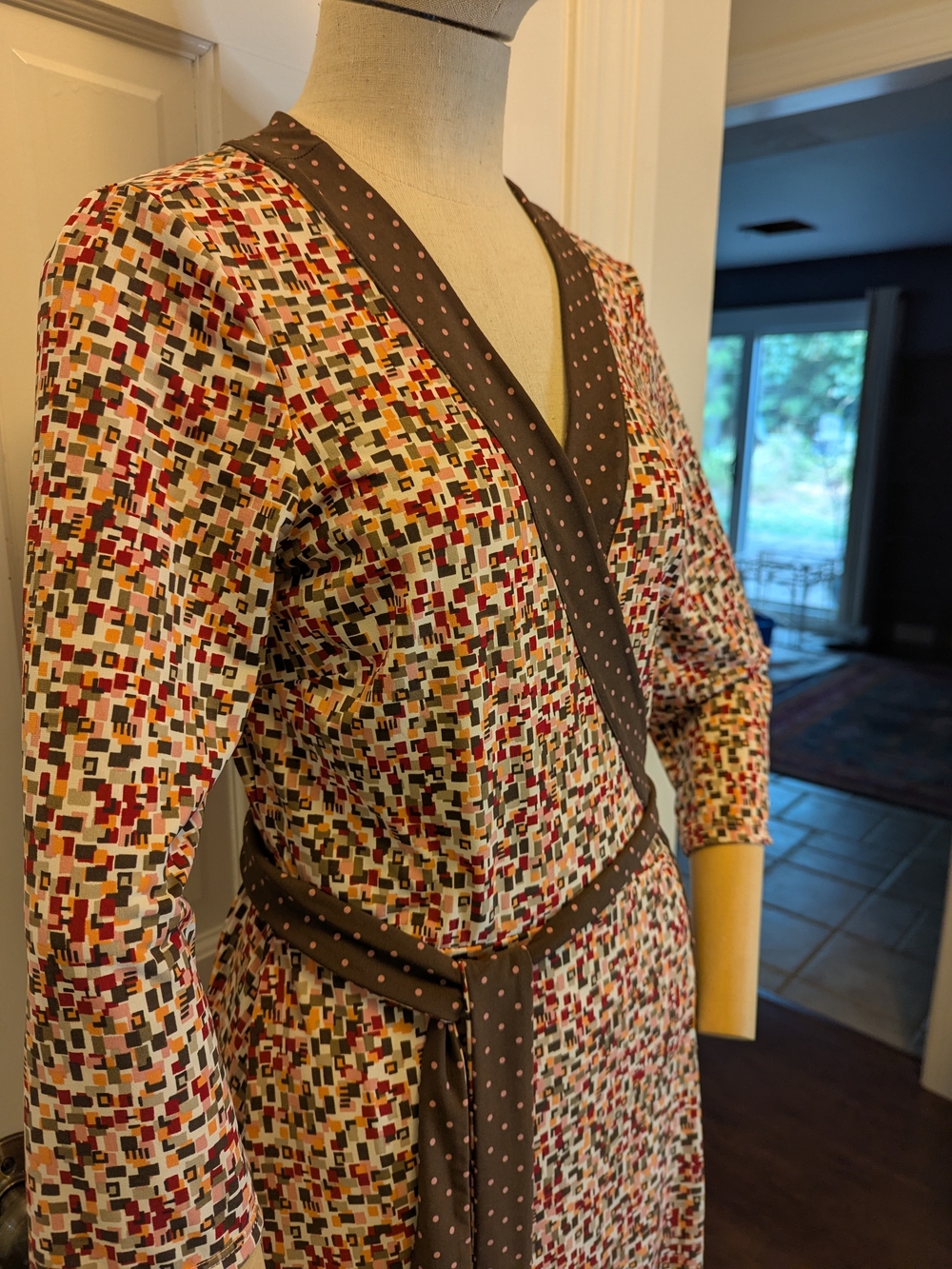 BCBGMaxAzria Multicolor Geometric Wrap Dress with Brown Polka Trim - Picture 3 of 8